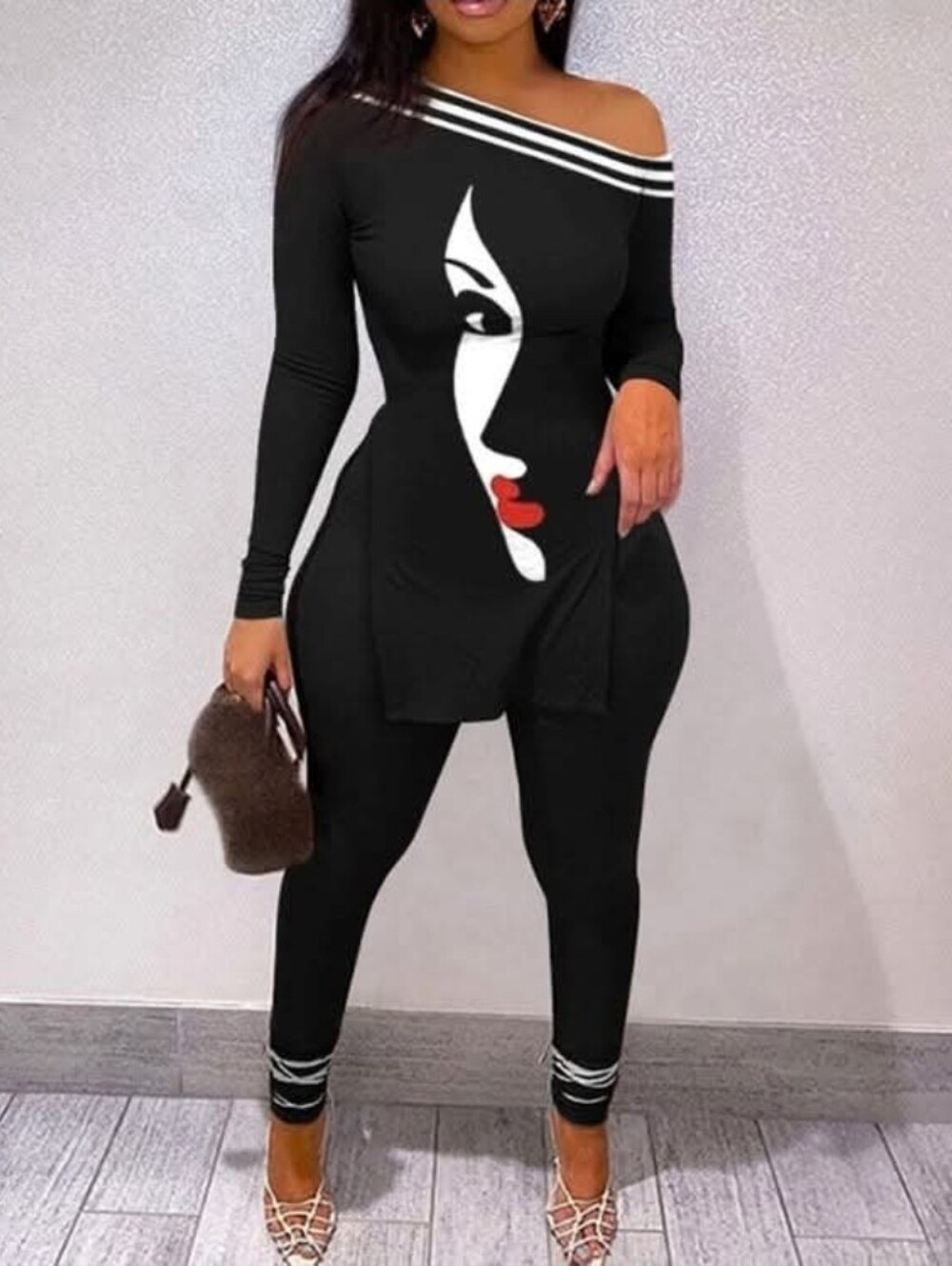 NWT Chicme IBlack Graphic One-Shoulder Long Sleeve Two Piece Leggings Set
